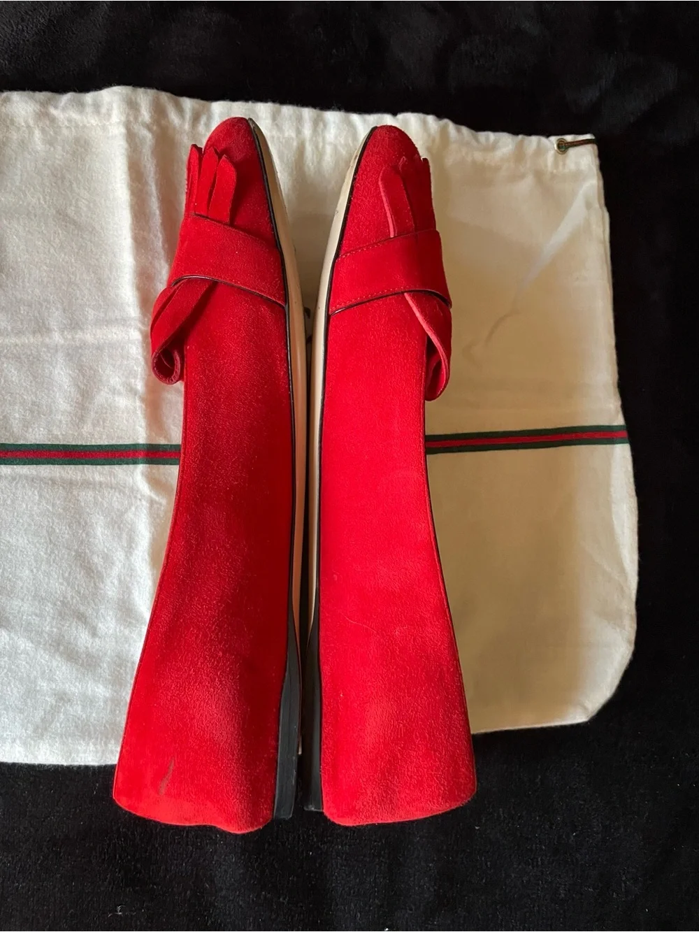 Authentic Gucci Red Suede Fringe GG Loafers for Women